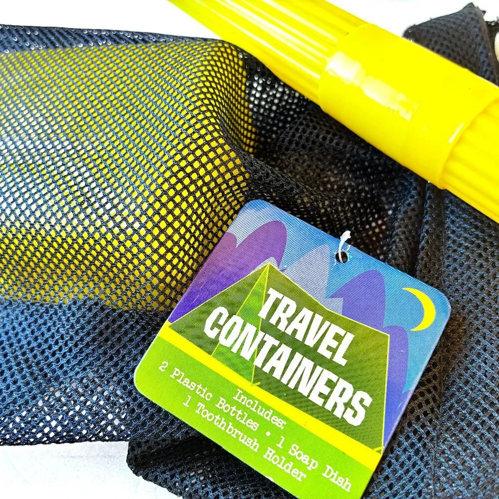 4 Piece Travel Bottles + Soap + Toothbrush Toiletry Container Set Net Bag NEW